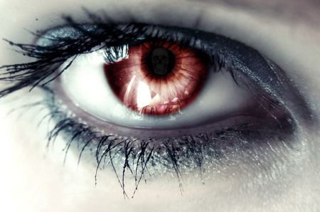 Blood Eye - skull, close up, girl, photography, eye, eyelashes, red eye, white, abstract, beautiful