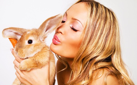 Girl and rabbit - women, beauty, girl, animals, rabbit, kiss, beautiful, sweet, cute, blonde