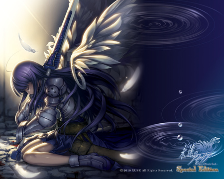 aselia hitomaru - wings, sword, blood, bluespirit, armor, weapon, dress, aselia