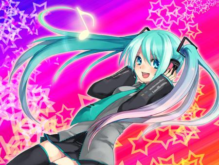 Hatsune Miku - tie, pretty, singing, pink, headphones, nice, program, hot, thighhighs, beauty, virtual, white, cute, aqua eyes, song, sexy, vocaloid, anime, yellow, blue, twintail, hatsune miku, stars, microphone, music, aqua, song note, purple, idol, anime girl, skirt, note, beautiful, singer, girl, music note, cool, orange, black, miku, awesome, diva, aqua hair, hatsune, vocaloids, headset