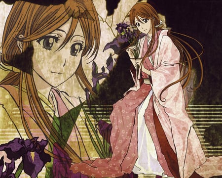 Orihime Inoue - anime girl, beautiful, beauty, kimono, flower, flowers, bleach, cute, orihime inoue