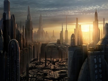 Galactic City - sunlight, sunset, metropole, skyscrapers, structures, city