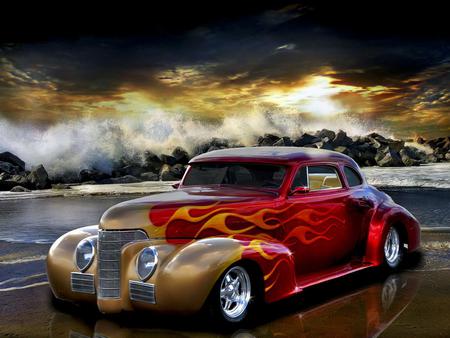 Coupe - car, custo, red, gold, flame, coupe