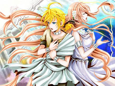 Kagamine Len & Megurine Luka - aqua, headset, music, anime girl, yellow hair, white, yellow, cool, kagamine, roman, aqua eyes, kagamine rin, song, vocaloids, program, vocaloid, pink, beautiful, lightning, diva, dress, beauty, nice, twintail, singer, black, anime boy, virtual, pretty, rin, megurine luka, idol, anime, thunder, cute, megurine, pearl, luka, girl, pink hair, microphone, blue, headphones, singing, awesome, flowers, cathedral