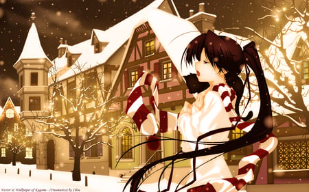 Song of Christmas - girl, song, scarf, christmas, white, snow, red, anime, singing, house, tree