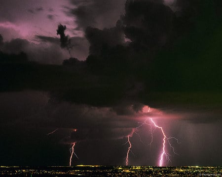 lightning over city - storm, city, power, lightning