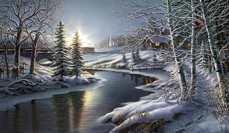 Serenity - house, trees, birds, winter, water, snow, church, river, train, sunset, deer, bridge