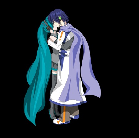 the coupel i love - love, aqua, scarf, awww, kaito, kiss, blue, streatch, miku, sweet, cute