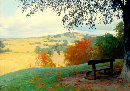 Valley View - autumn, valley, hills, trees, clouds, leaves, bench