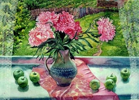 Peony Delight - fence, yard, still life, apples, vase, peonies, green apples, window, lace curtains, pink fabric, flowers, grass