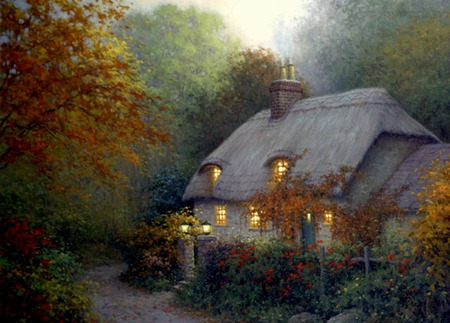 Welcome Lights - cottage, trees, hedge, gate, thatched roof, road, mist, lanterns, wall, flowers