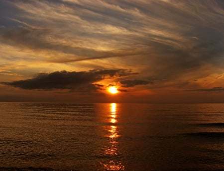 Sunset - clouds, light trace, dark cloud, yellow, sea, refelction, orange, sun