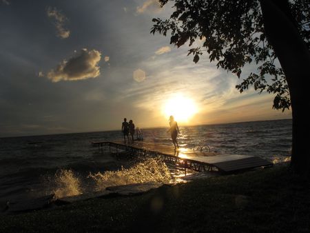 Enjoying Sunset and Water - sunlight, water, people, silhouette, splashing, tree, sunset, cloud, sky