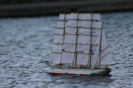 Square Rigger - grey blue, square, water, model, boat, waves, sails