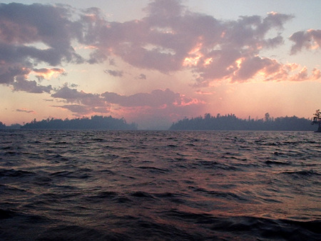 Seagull Lake - clouds, water, choppy, light grey, pink, orange, dark, waves, sky