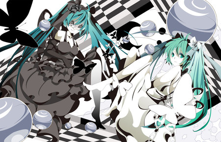 Hatsune Miku's - beauty, hatsune miku, beauties, anime girl, black, white, vocaloids, hatsune, vocaloid, beautiful, miku, cute