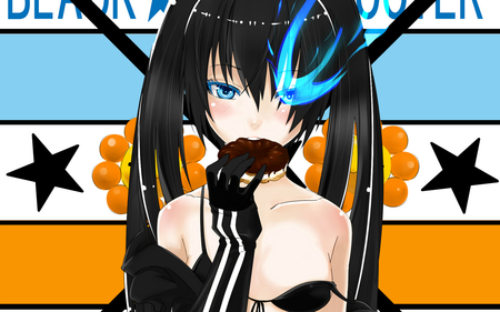 Black Rock Shooter - blushing, anime girl, blue, beautiful, hot, blush, beauty, flame, dounut, black star, flowers, bikini, cute, sexy