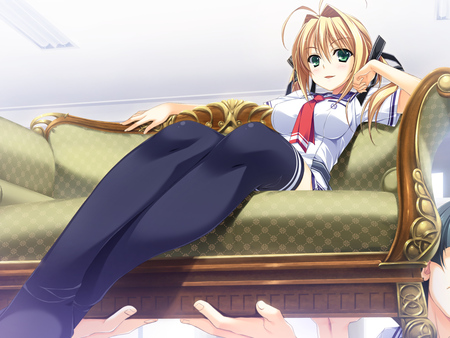 Queen - beauty, sexy, hot, thigh highs, blushing, anime girl, green eyes, blonde hair, beautiful, blush, cute, school girl