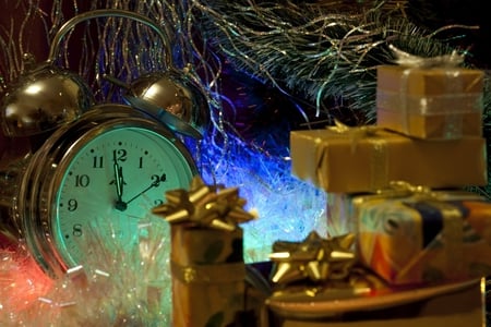 Happy New Year - lightining, gifts, beautiful, clock, gold decorated