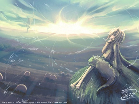 morning awakening - sheep, girl, cloud, anime, monster sheep