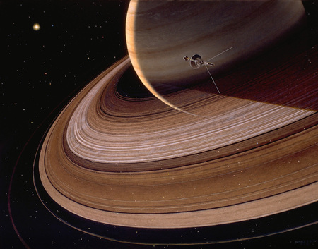 Saturn - stars, sun, rings, explorer, brown, grey, planet, shadow, beige