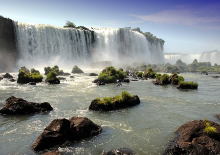 Cascade and Rocks - sky, cascade, water, vegetation, waterfall, power, splash, rocks