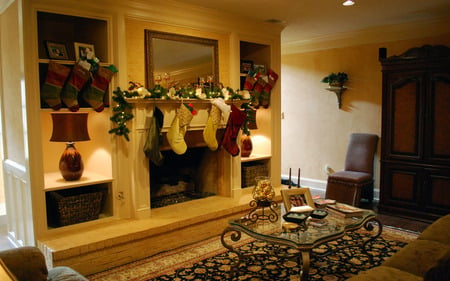 beautiful fireplace - sitting place, glass table, lamps, beautiful, fireplace, christmas decoration, living room