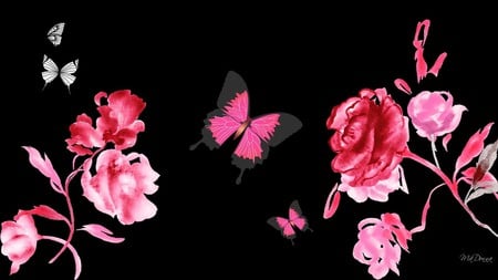 Roses and Butterflies - abstract, roses, floral, summer, flowers, butterflies