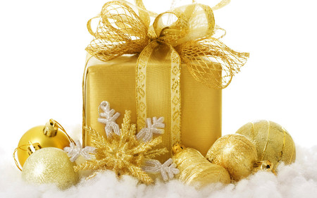 Gift - white, yellow, snowflake, balls, gift, box