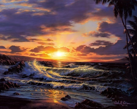 Romance Of The Sea - sea, sunset, wave, beautiful