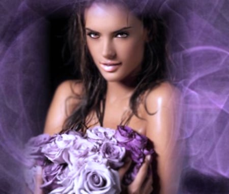 Purple - purple, 3d, girl, roses