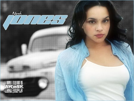 Norah Jones - female, old car, sexy t-shirt, singer, cute, red lips