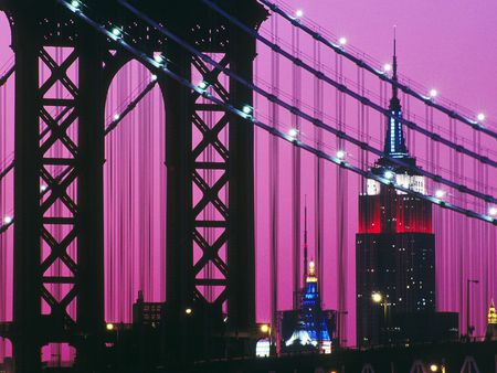 Manhattan Bridge at night - empire state building, new york, purple, manhattan bridge