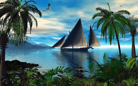 Lagoon - sky, x and a partridge in a pear tree, beach, trees, water, mountains, rocks, clouds, lagoon, birds, boat, ocean, palms, plants, sail boat, cg, abstract, 3d, island, flowers