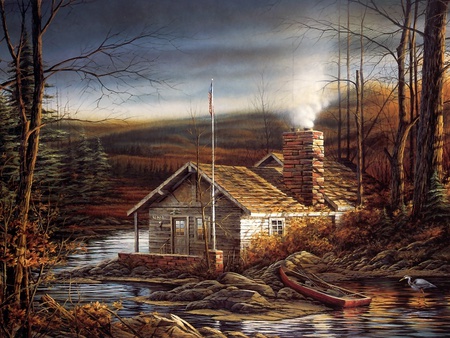 Terry Redlin painting - Changing season autumn - painting, autumn, art, snow, cabin, terry redlin