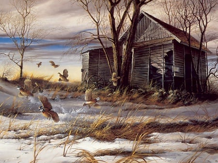 Broken convey, painting by Terry Redlin - painting, art, snow, cabin, terry redlin