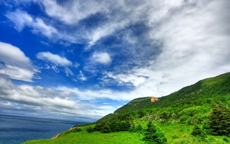 Cabot Trail - nature, blue, green, landscape, grass, sky