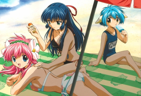 Beach day - anime, milfeulle, water, beach, galaxy angel, umbrella, blanket, chitose, mint, swimsuits