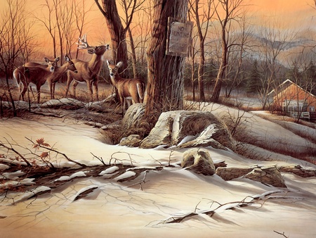 Back to the sanctuary, by Terry Redlin - sunset, terry redlin, deer, painting, snow, art