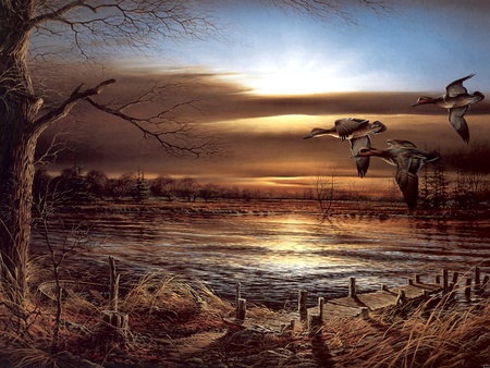 Reflections, by Terry Redlin - sunset, terry redlin, painting, sea, art, sky