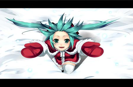 Hatsune Miku - aqua, music, anime girl, mittins, white, santa, cool, aqua eyes, hatsune miku, song, snowflakes, vocaloids, program, beautiful, vocaloid, snow, diva, nice, beauty, santa claus, twintail, singer, aqua hair, virtual, pretty, idol, anime, cute, girl, winter, christmas, hatsune, red, blue, awesome