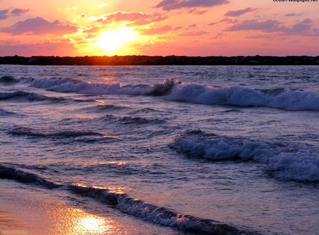 Ocean at Sunset - water, colour, beach, evening, sea, night, sand, surf, waves, peaceful, sun