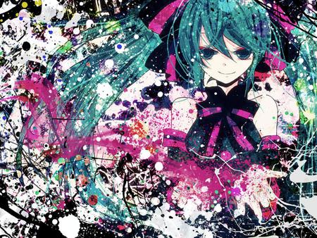 Hatsune Miku - pretty, artistic, pink, splat, contrast, nice, abstract, program, hot, beauty, virtual, drawing, white, cute, aqua eyes, song, sexy, bow, vocaloid, anime, twintail, hatsune miku, music, aqua, art, idol, anime girl, beautiful, singer, girl, cool, black, colorful, miku, awesome, diva, painting, aqua hair, hatsune, vocaloids