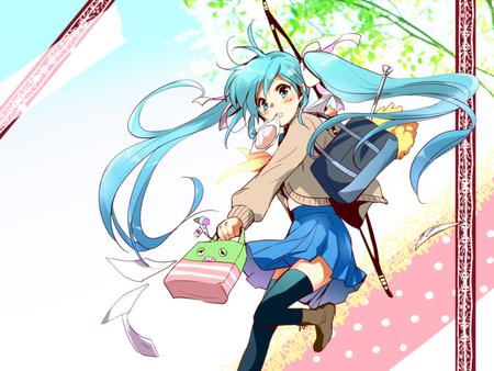 In a Rush - pretty, food, pink, uniform, nice, program, thighhighs, beauty, virtual, school uniform, green, cute, aqua eyes, song, bow, vocaloid, anime, yellow, blue, twintail, school, hatsune miku, music, aqua, long socks, idol, anime girl, trees, skirt, beautiful, singer, girl, cool, arrow, miku, awesome, diva, eating, aqua hair, hatsune, vocaloids