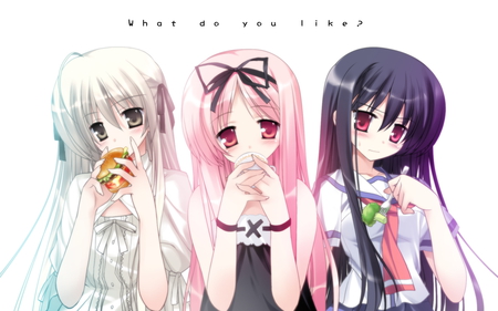 What's your favorite? - white, girls, bleumarin, girl, pink, anime, food