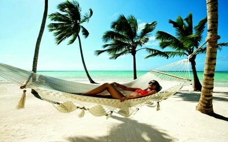 Beach - beach, woman, hammock, sea, sexy, sky, palm tree