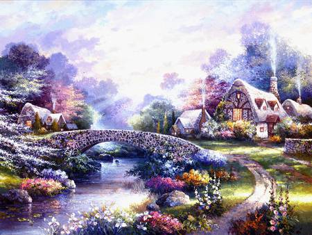 Springtime Glory - cottage, landscape, spring, painting, village, roof, river, flowers, bridge