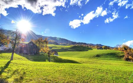 Warm Autumn - nature, blue, green, landscape, grass, sky