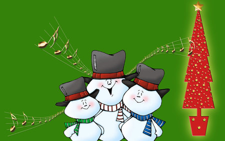 Snowmen singing christmas carol - holiday, tree, snowman, music, christmas, green