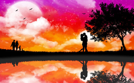 Love valley sunset widescreen - cloud, water, moon, love, sunset, couple